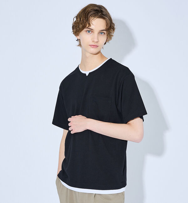 ABAHOUSE「キーネック カノコ半袖Tシャツ / フェイクレイヤード」|Tシャツ・カットソー|