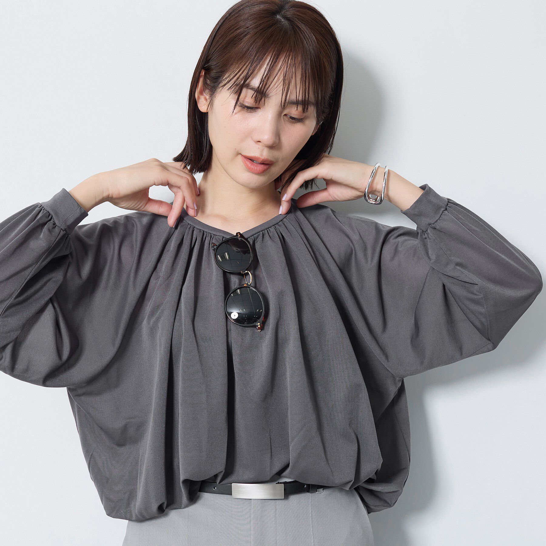 INDIVI「【体型カバー／マシンウォッシュ対応】シアージャージトップス」|Tシャツ・カットソー|