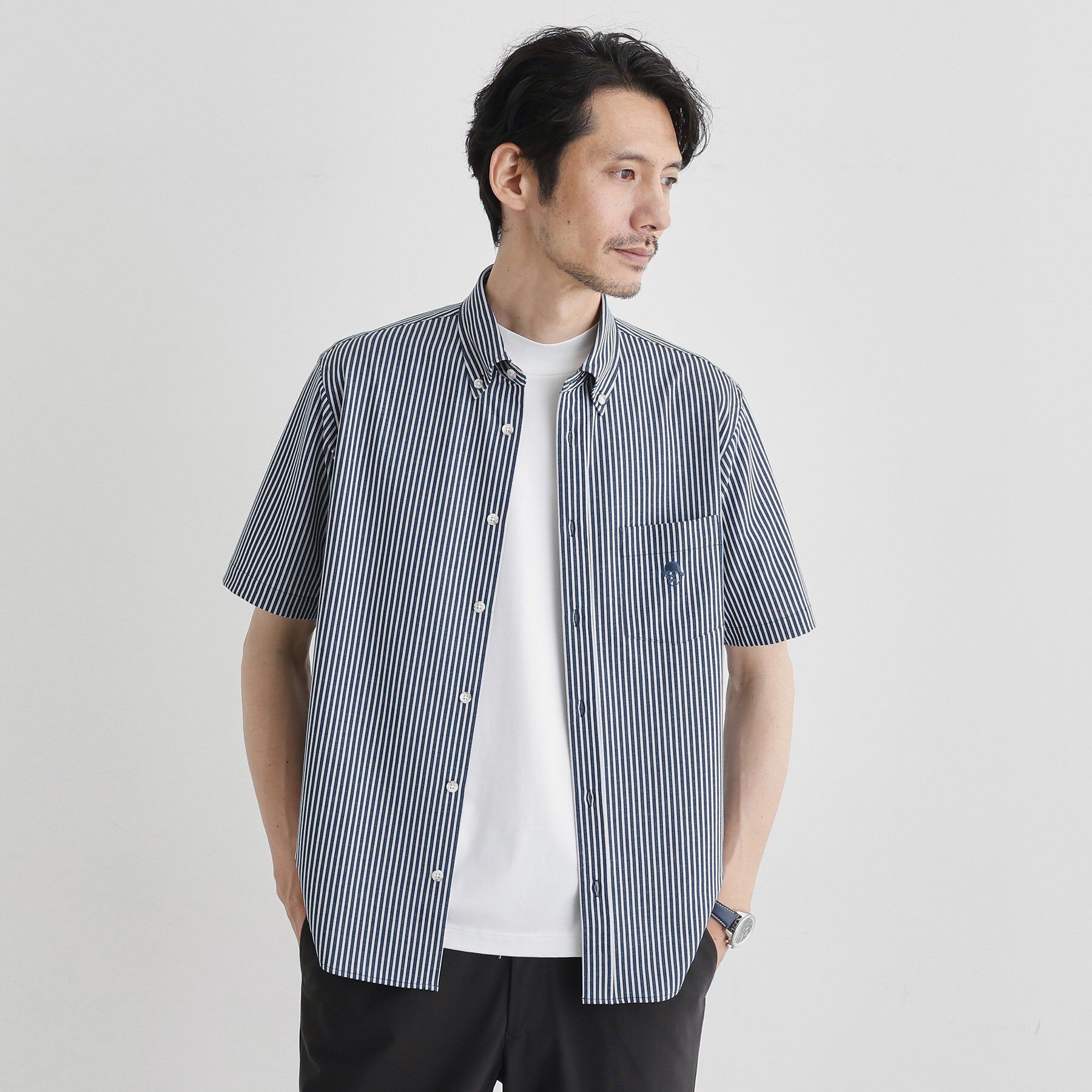 TAKEO KIKUCHI「【COOL CITY WEAR】ストライプジャージ ボタンダウンシャツ /接触冷感」|シャツ・ブラウス|ネイビー(394)
