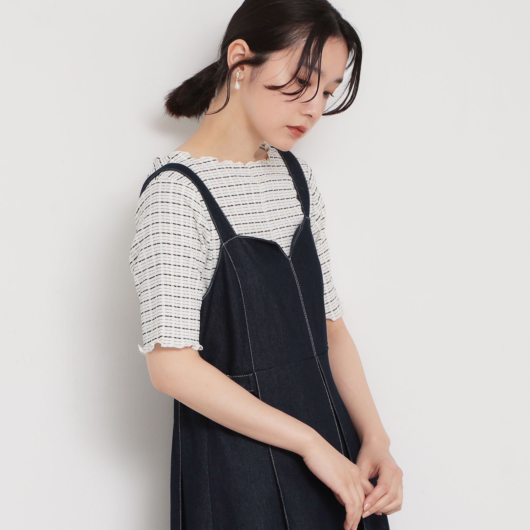 THE SHOP TK「さりげないフリルがアクセント チェック柄5分袖カットソー」|Tシャツ・カットソー|