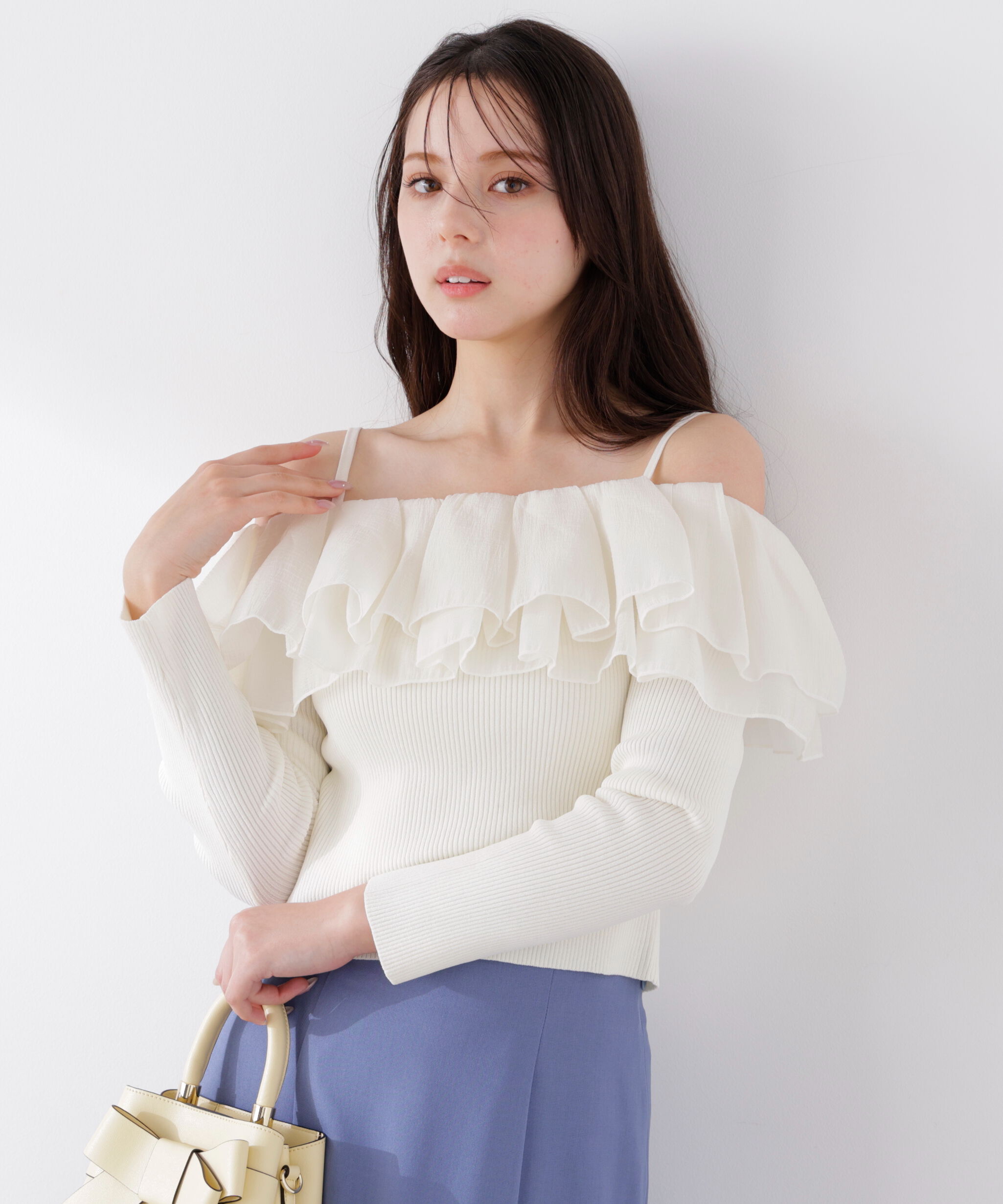 PROPORTION BODY DRESSING「〈a/mie〉フリルリブニット　26SS」|カーディガン|エクリュ1
