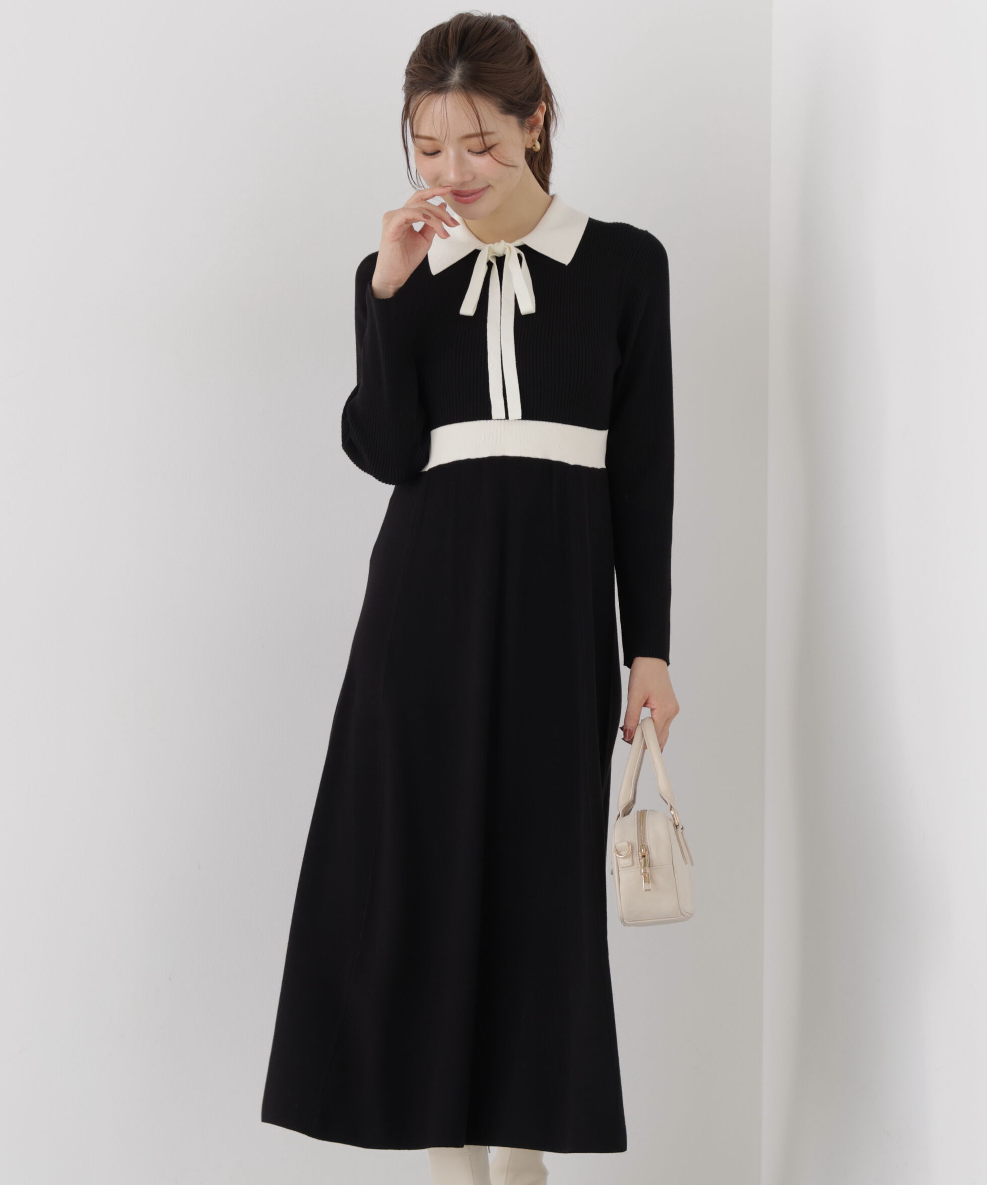 PROPORTION BODY DRESSING「リボンタイバイカラーニットワンピース」|ワンピース|ブラック&times;エク