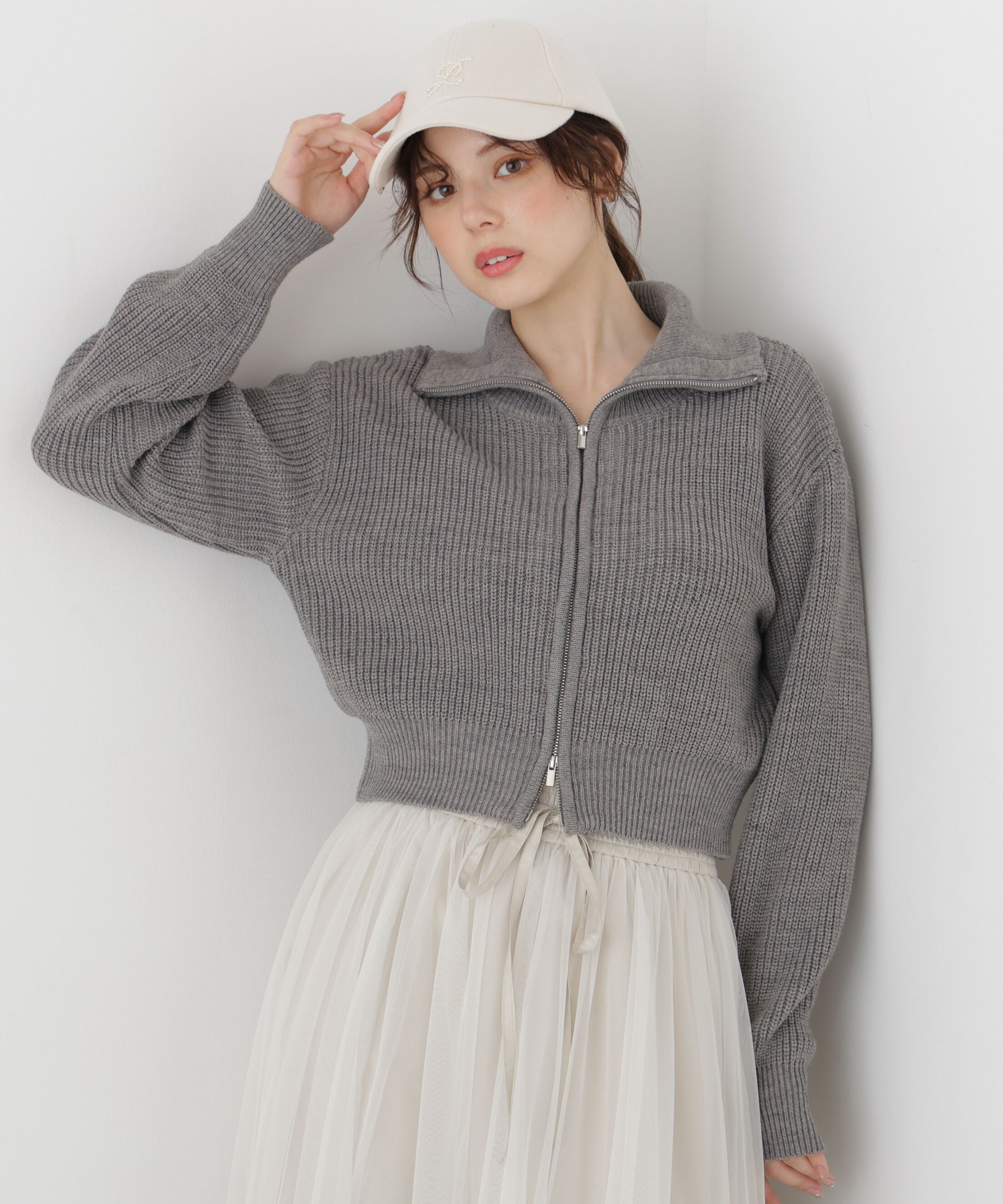 PROPORTION BODY DRESSING「＜a/mie＞フロントジップニット」|カーディガン|トップグレー1