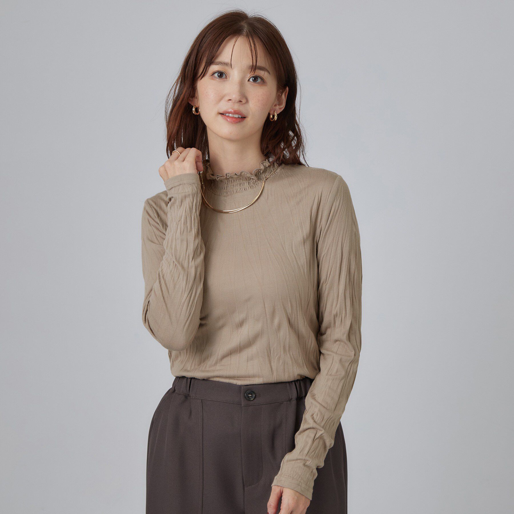 SHOO･LA･RUE「【S-LL】ワッシャー加工で抜け感を シャーリングハイネックインナー」|Tシャツ・カットソー|