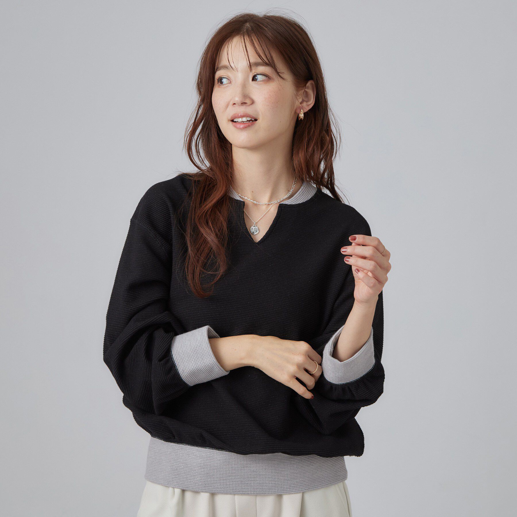 SHOO･LA･RUE「【S-LL/洗濯機可】華やかラメワッフル 配色トップス」|Tシャツ・カットソー|