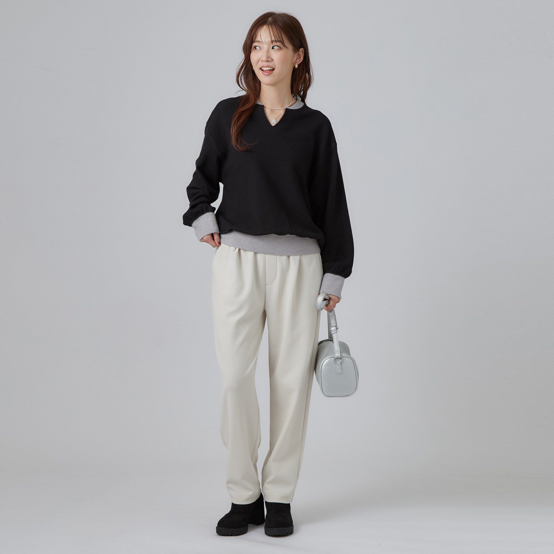 SHOO･LA･RUE「【S-LL/洗濯機可】華やかラメワッフル 配色トップス」|Tシャツ・カットソー|