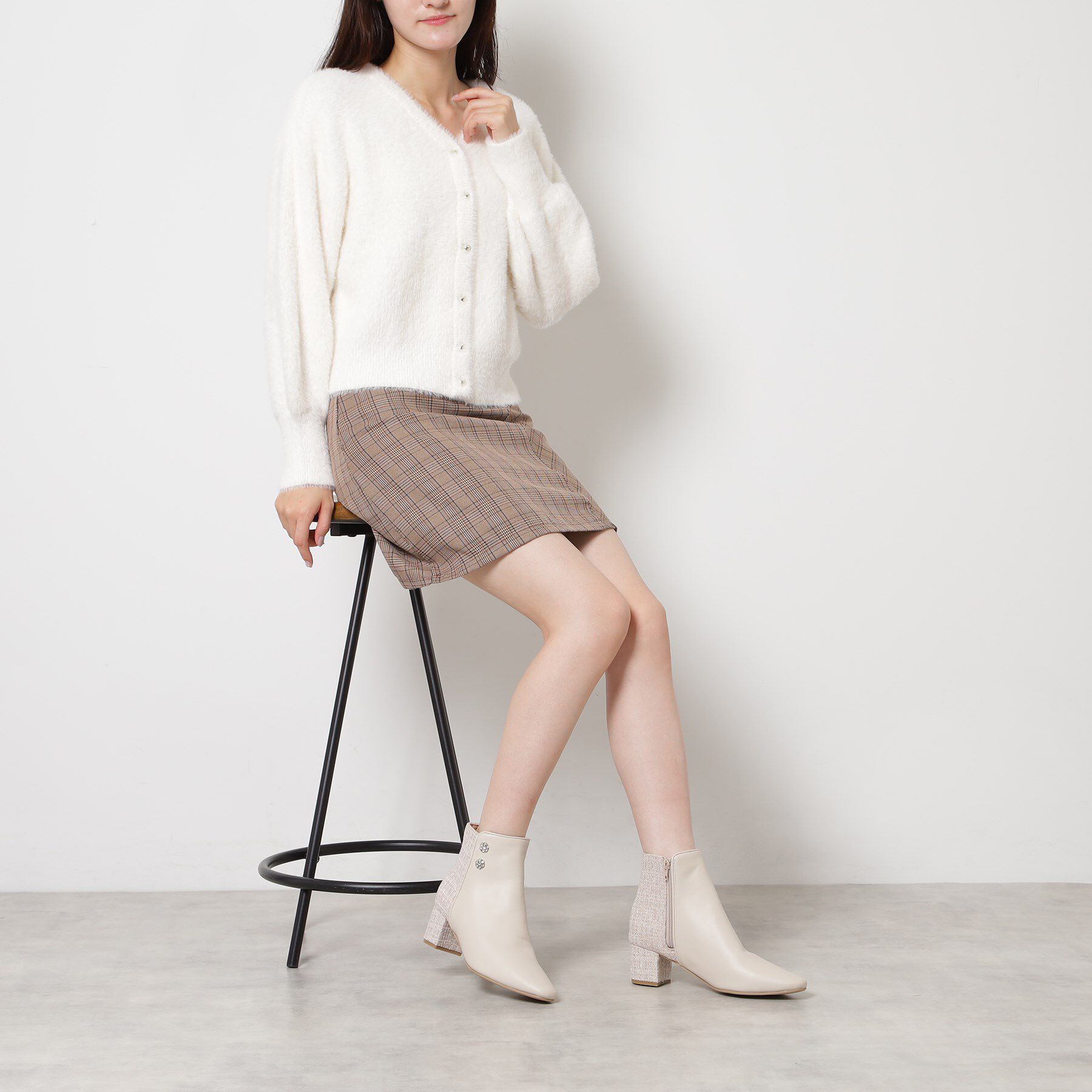 ESPERANZA「ビジュー付きツイードショートブーツ」|ショートブーツ|