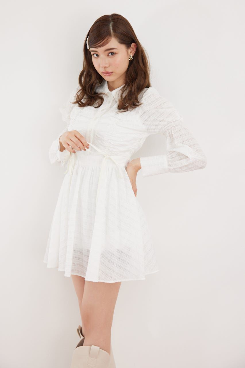 rienda「フロントシャーリングリボンミニシャツフレアワンピース」|ワンピース|