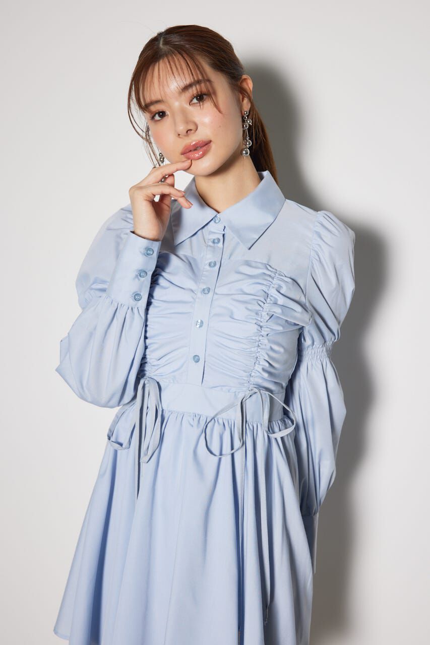 rienda「フロントシャーリングリボンミニシャツフレアワンピース」|ワンピース|