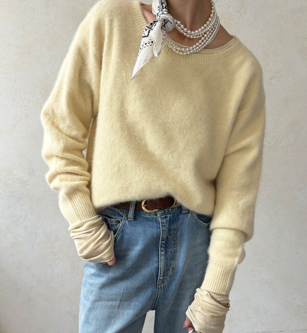  「【ふんわり柔らかな肌触り】ファーカシミヤボートネックプルオーバー」|ニット・セーター|イエロー
