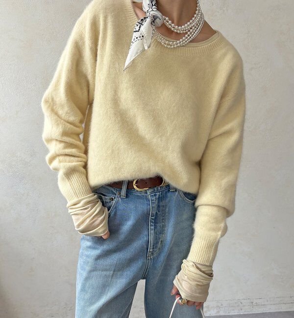  「【ふんわり柔らかな肌触り】ファーカシミヤボートネックプルオーバー」|ニット・セーター|