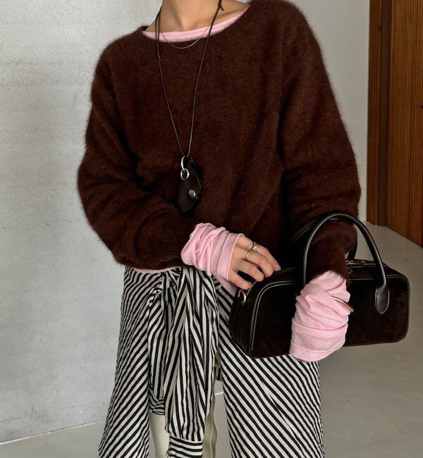  「【ふんわり柔らかな肌触り】ファーカシミヤボートネックプルオーバー」|ニット・セーター|