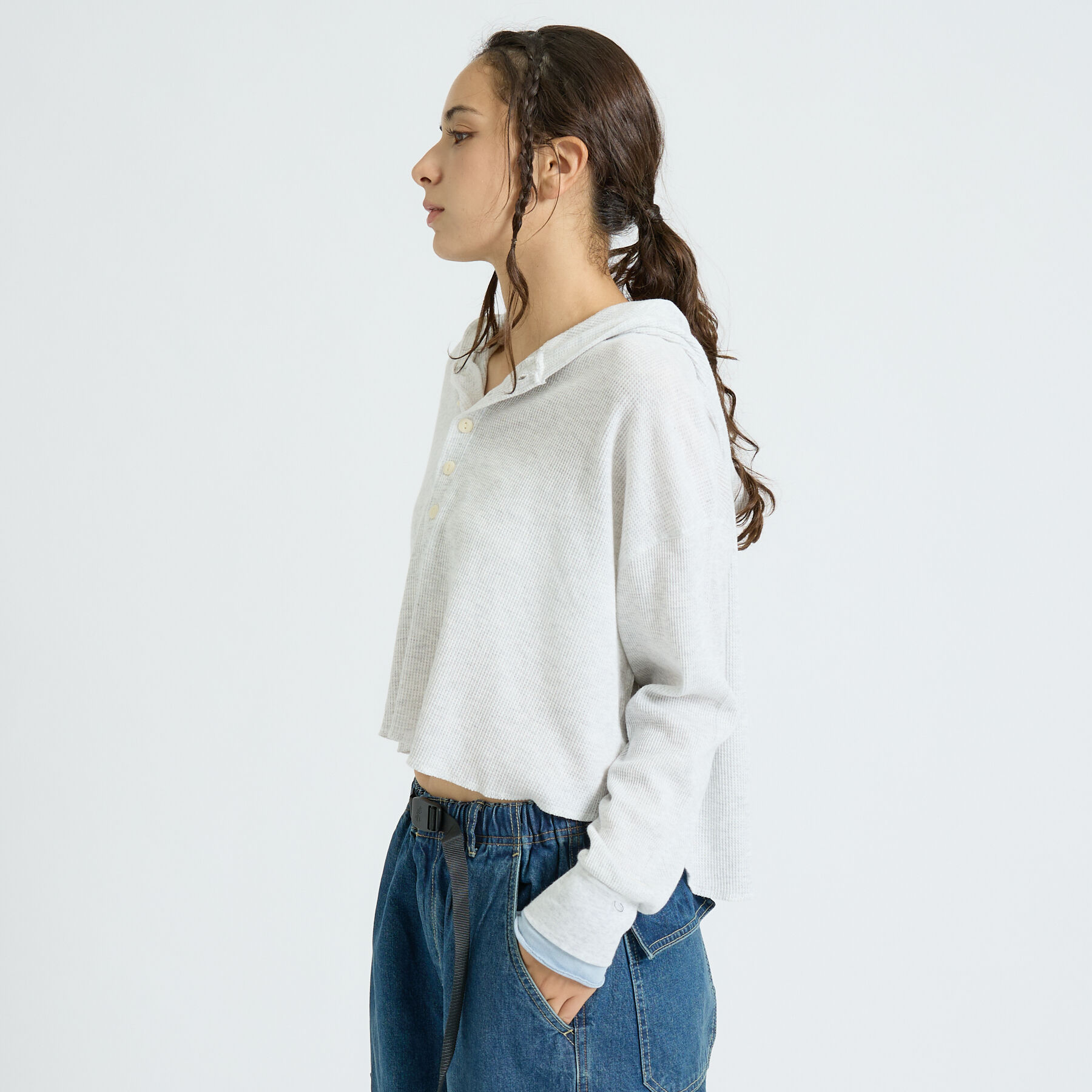 Rouge vif「【DISCUS/ディスカス】ワッフルヘンリーネックフェイクレイヤードフードロンT」|Tシャツ・カットソー|