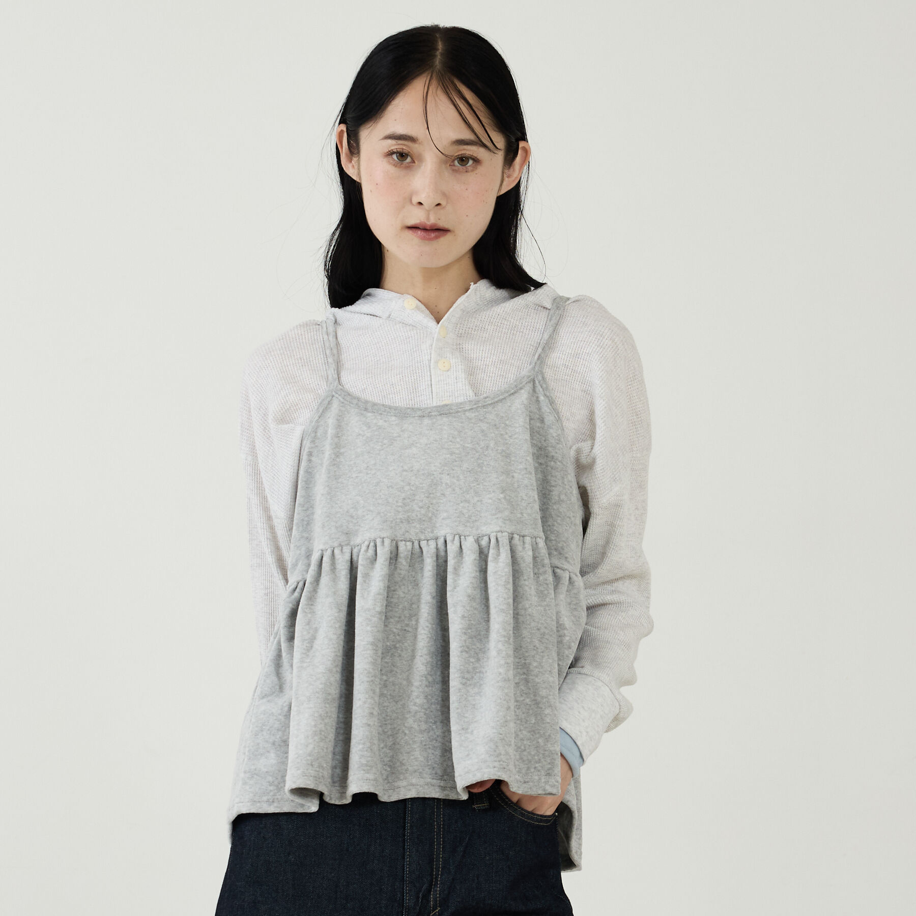 Rouge vif「【DISCUS/ディスカス】ワッフルヘンリーネックフェイクレイヤードフードロンT」|Tシャツ・カットソー|