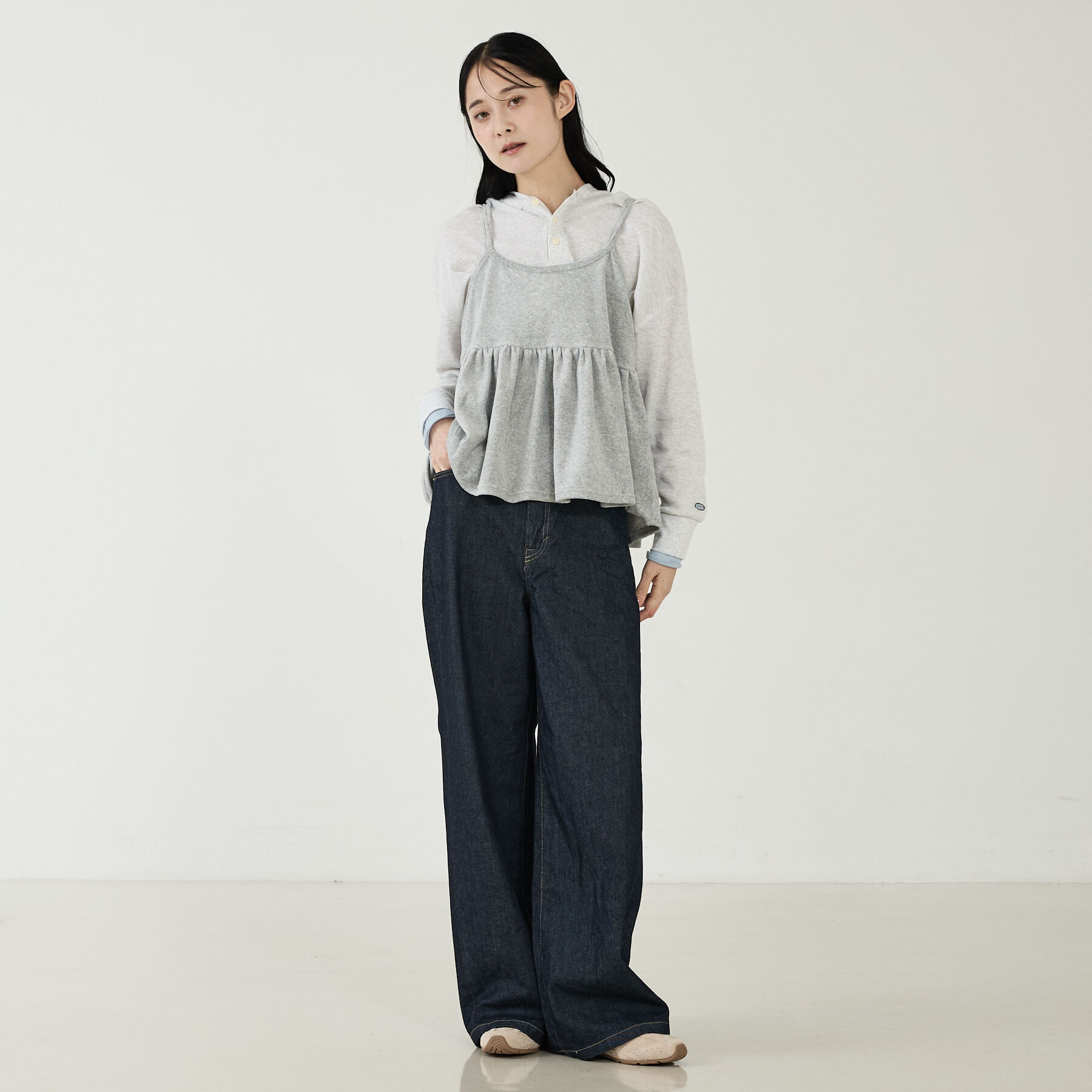 Rouge vif「【DISCUS/ディスカス】ワッフルヘンリーネックフェイクレイヤードフードロンT」|Tシャツ・カットソー|