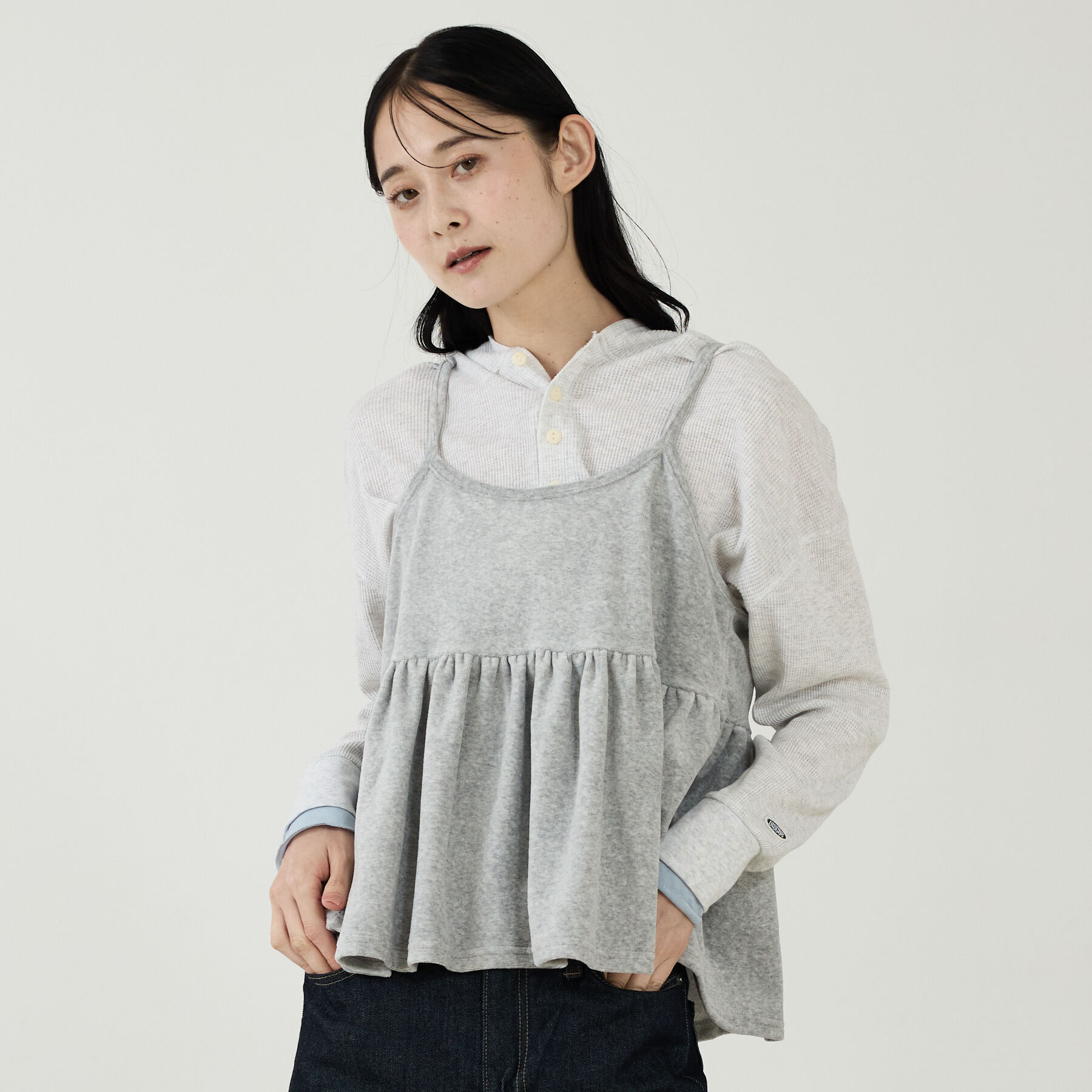 Rouge vif「【DISCUS/ディスカス】ワッフルヘンリーネックフェイクレイヤードフードロンT」|Tシャツ・カットソー|
