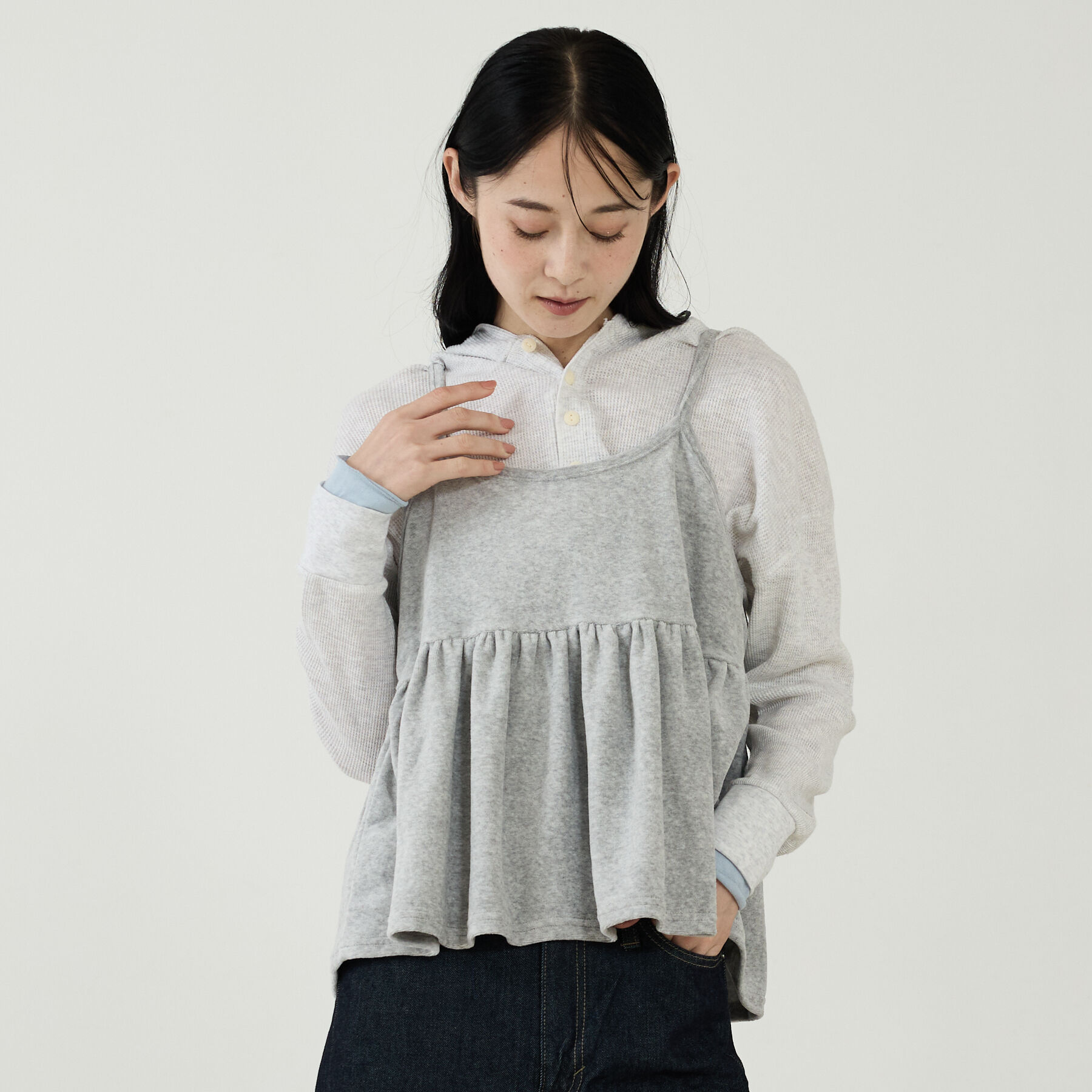 Rouge vif「【DISCUS/ディスカス】ワッフルヘンリーネックフェイクレイヤードフードロンT」|Tシャツ・カットソー|