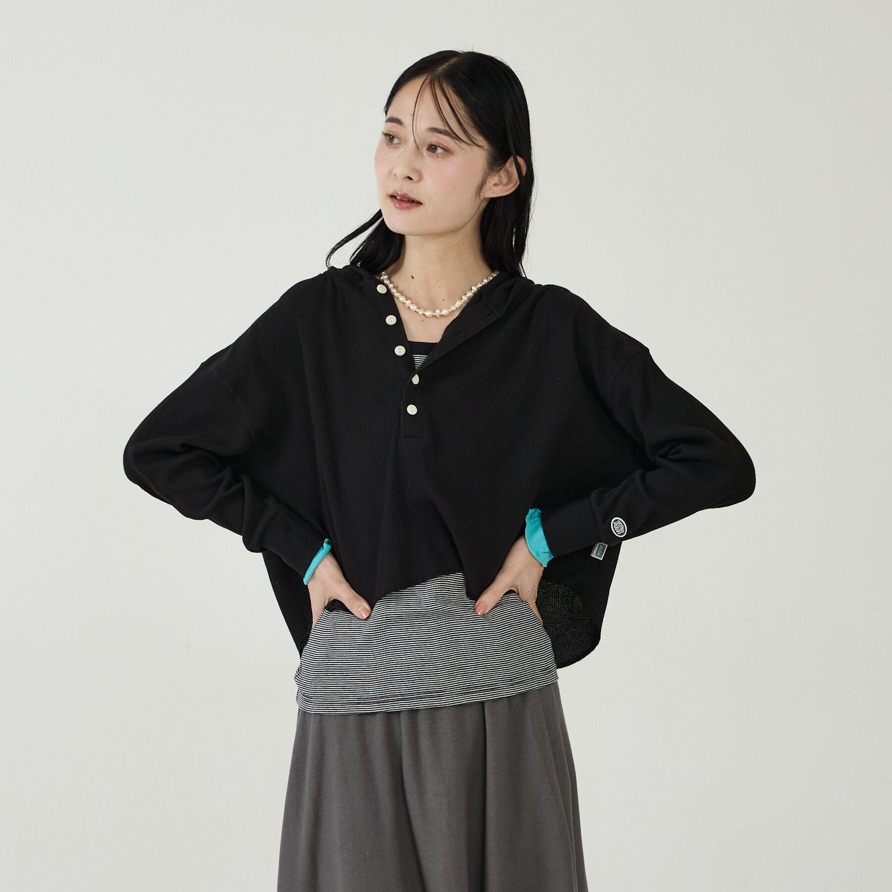 Rouge vif「【DISCUS/ディスカス】ワッフルヘンリーネックフェイクレイヤードフードロンT」|Tシャツ・カットソー|