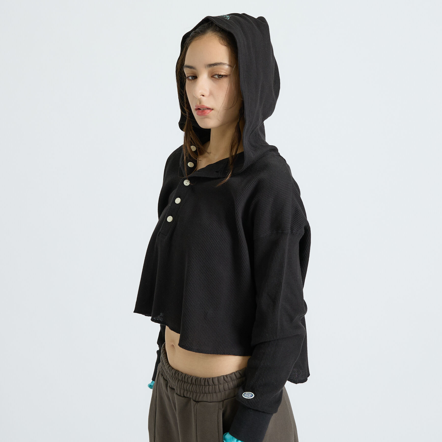 Rouge vif「【DISCUS/ディスカス】ワッフルヘンリーネックフェイクレイヤードフードロンT」|Tシャツ・カットソー|
