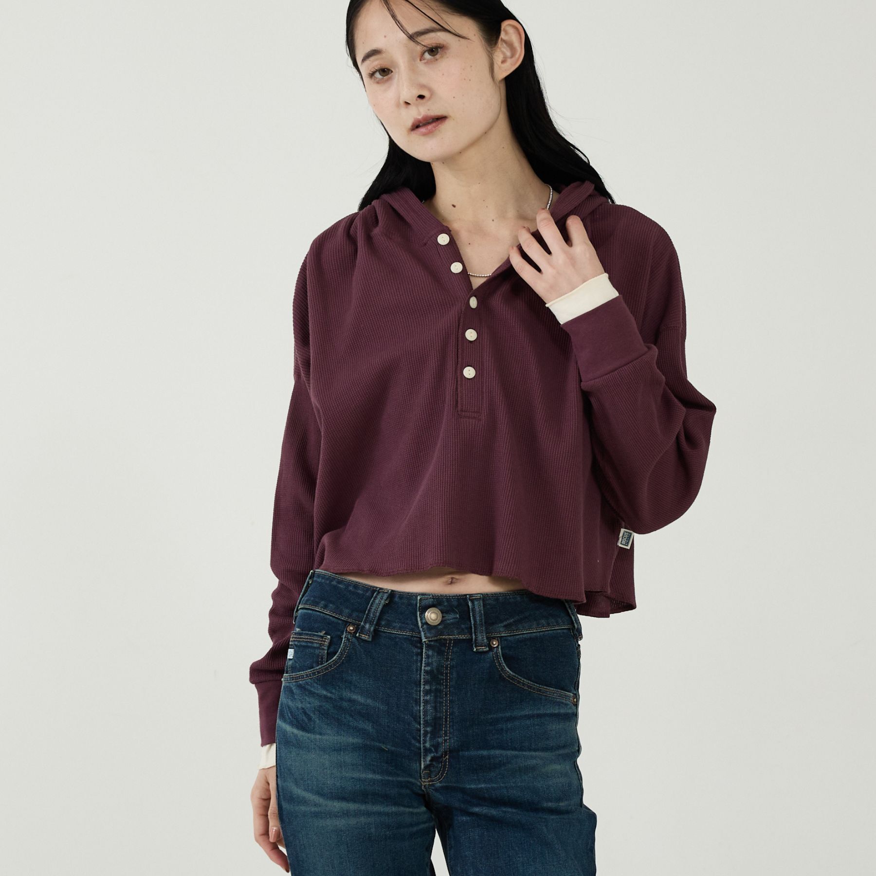 Rouge vif「【DISCUS/ディスカス】ワッフルヘンリーネックフェイクレイヤードフードロンT」|Tシャツ・カットソー|パープル