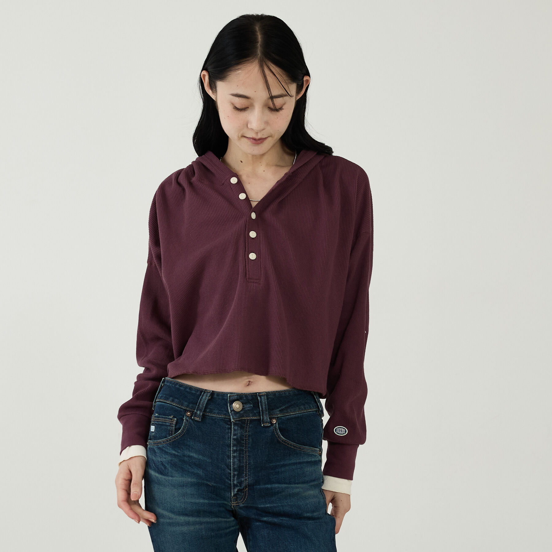 Rouge vif「【DISCUS/ディスカス】ワッフルヘンリーネックフェイクレイヤードフードロンT」|Tシャツ・カットソー|