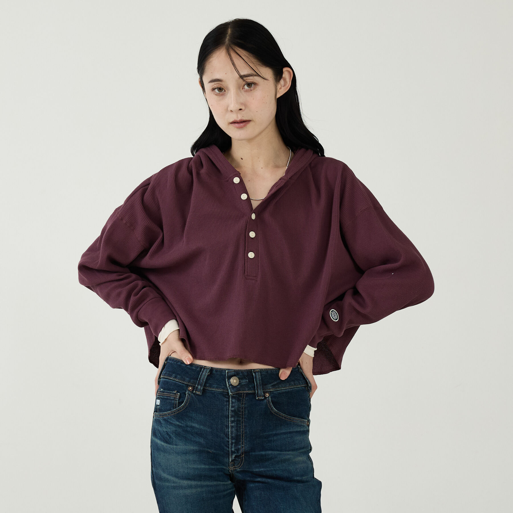 Rouge vif「【DISCUS/ディスカス】ワッフルヘンリーネックフェイクレイヤードフードロンT」|Tシャツ・カットソー|