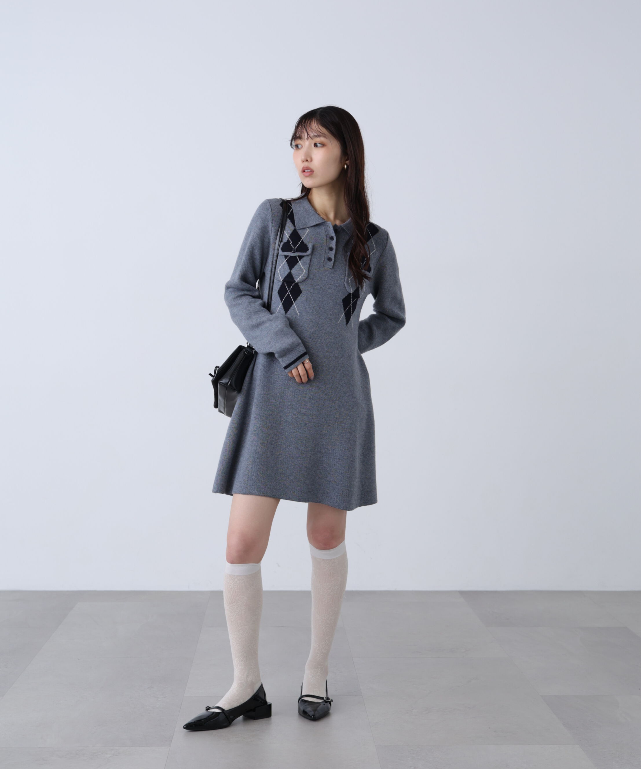  「アーガイルポロ襟ショートニットワンピース」|ワンピース|