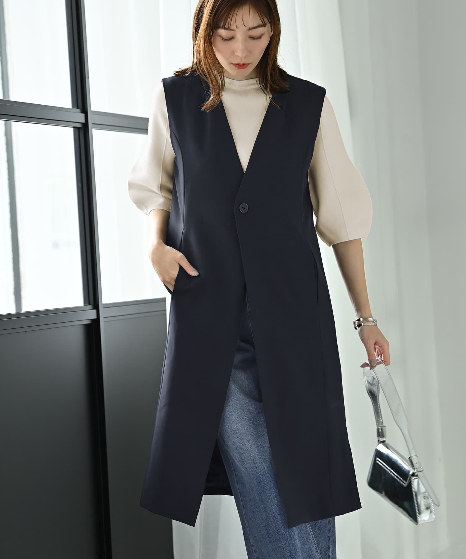 STYLE DELI「【Kana Oyama&times;BLK001】ロングジレ／DELI size」|ベスト・ジレ|ネイビー