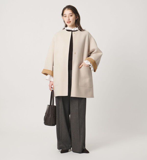 UNITED ARROWS「バイカラー リバー ミドルコート」|ノーカラーコート|