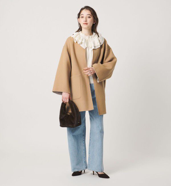 UNITED ARROWS「バイカラー リバー ミドルコート」|ノーカラーコート|