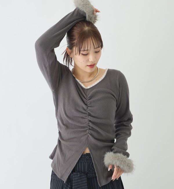  「【＠__misa__03 &times; ＠__3yuuファーカフスフロントギャザーTOPS」|Tシャツ・カットソー|