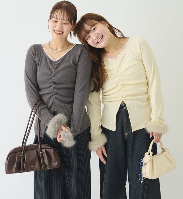  「【＠__misa__03 &times; ＠__3yuuファーカフスフロントギャザーTOPS」|Tシャツ・カットソー|
