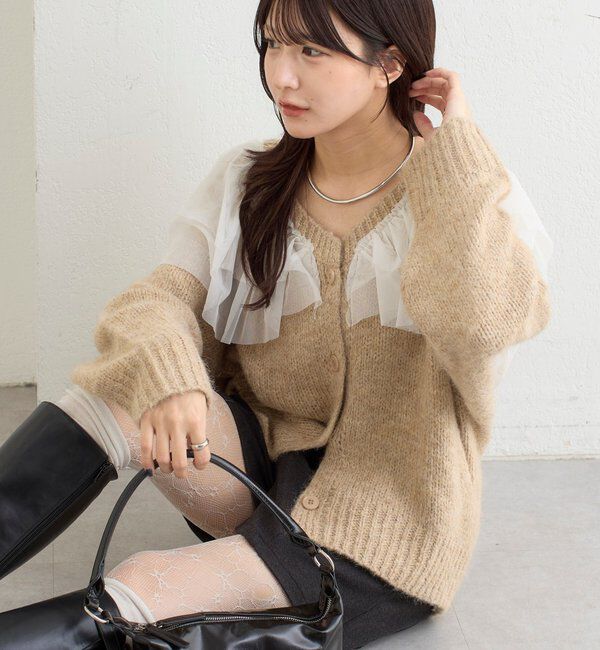  「チュールフリルVニットカーディガン」|カーディガン|