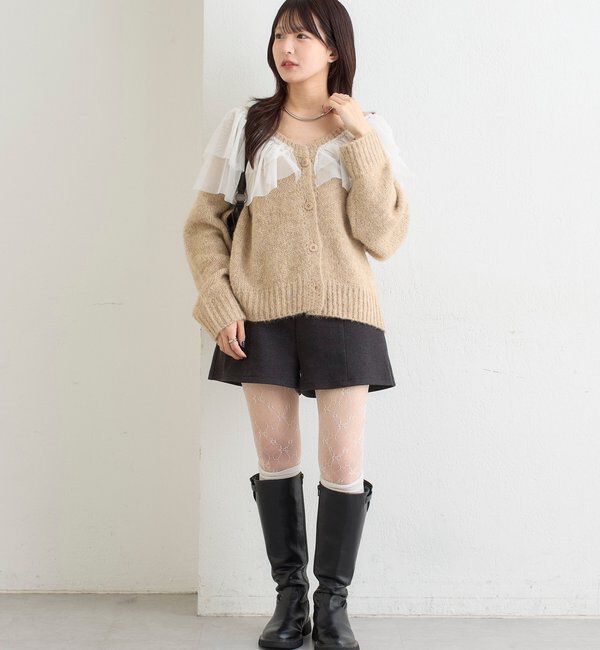  「チュールフリルVニットカーディガン」|カーディガン|