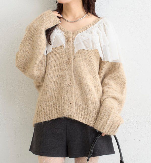  「チュールフリルVニットカーディガン」|カーディガン|