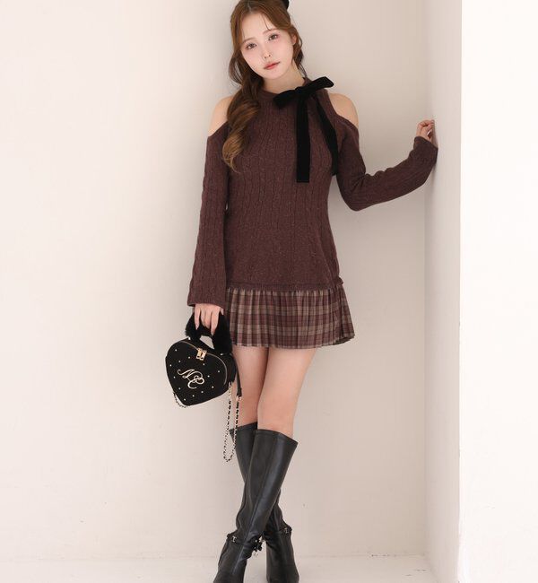one after another NICE CLAUP「【SMサイズ展開】肩あきリボンニットワンピース」|ワンピース|ボルドー
