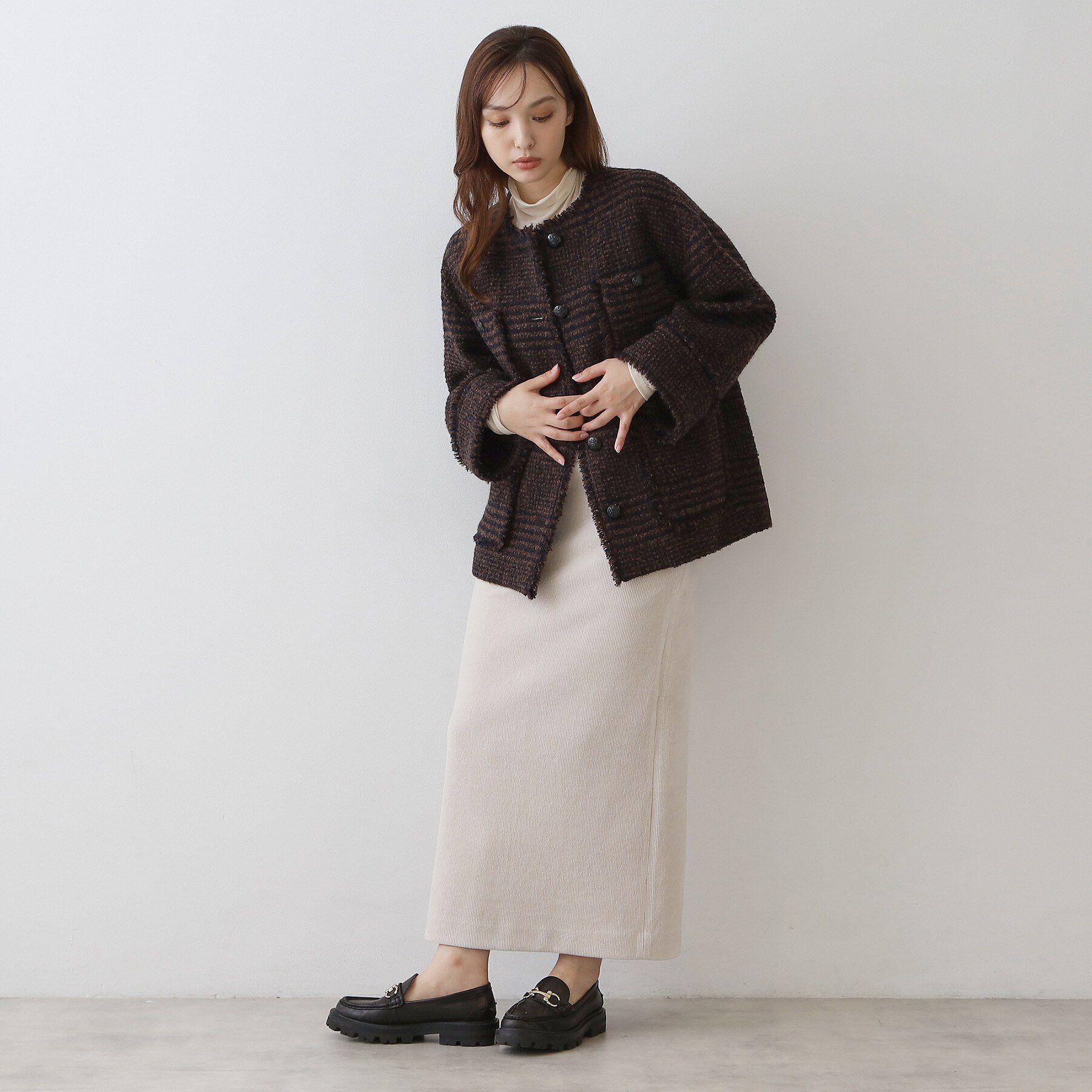 DRESSTERIOR「【裏地あり】グレンチェックツイードショートコート」|ノーカラージャケット|