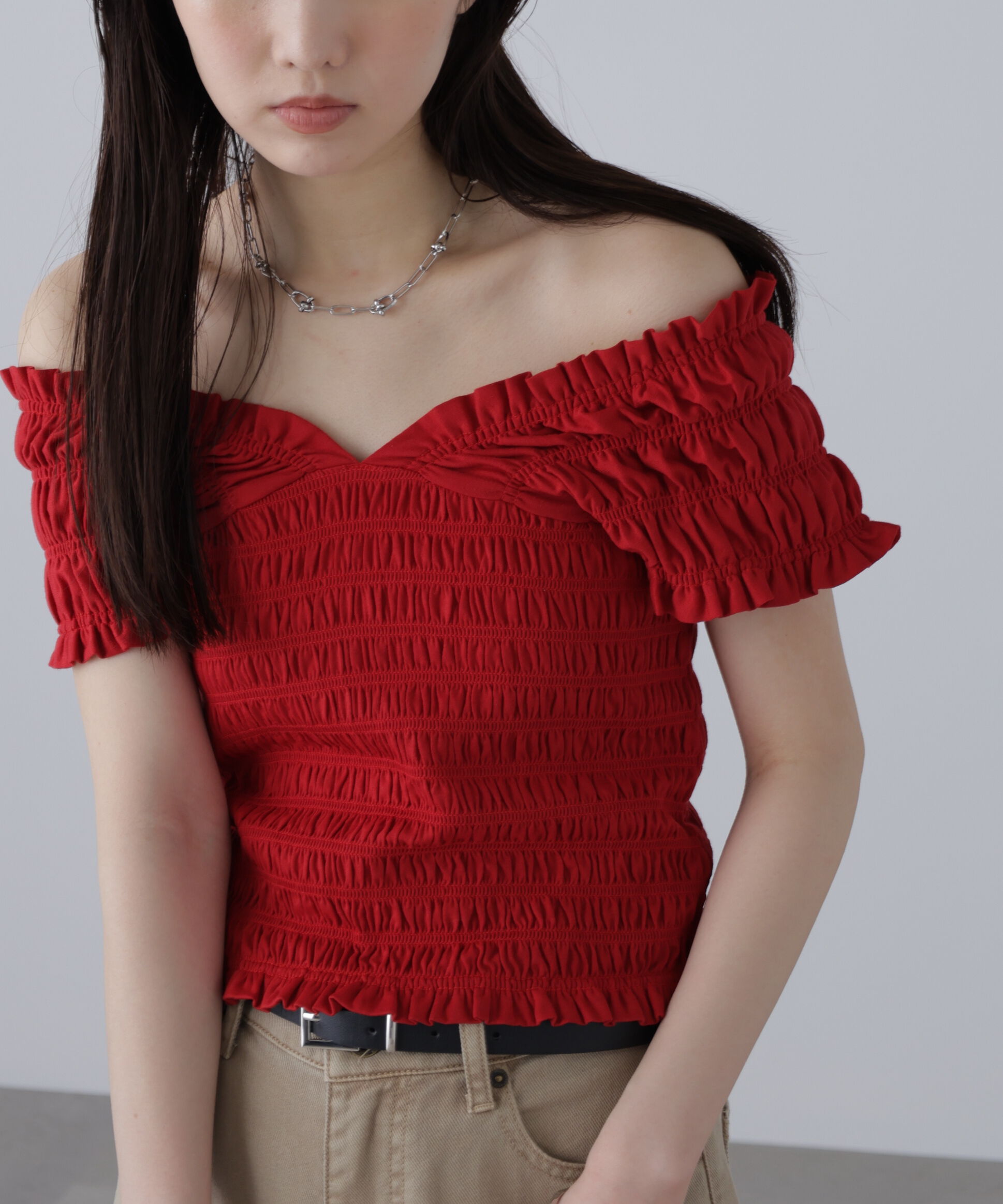  「2wayシャーリングオフショルカットソー」|Tシャツ・カットソー|レッド