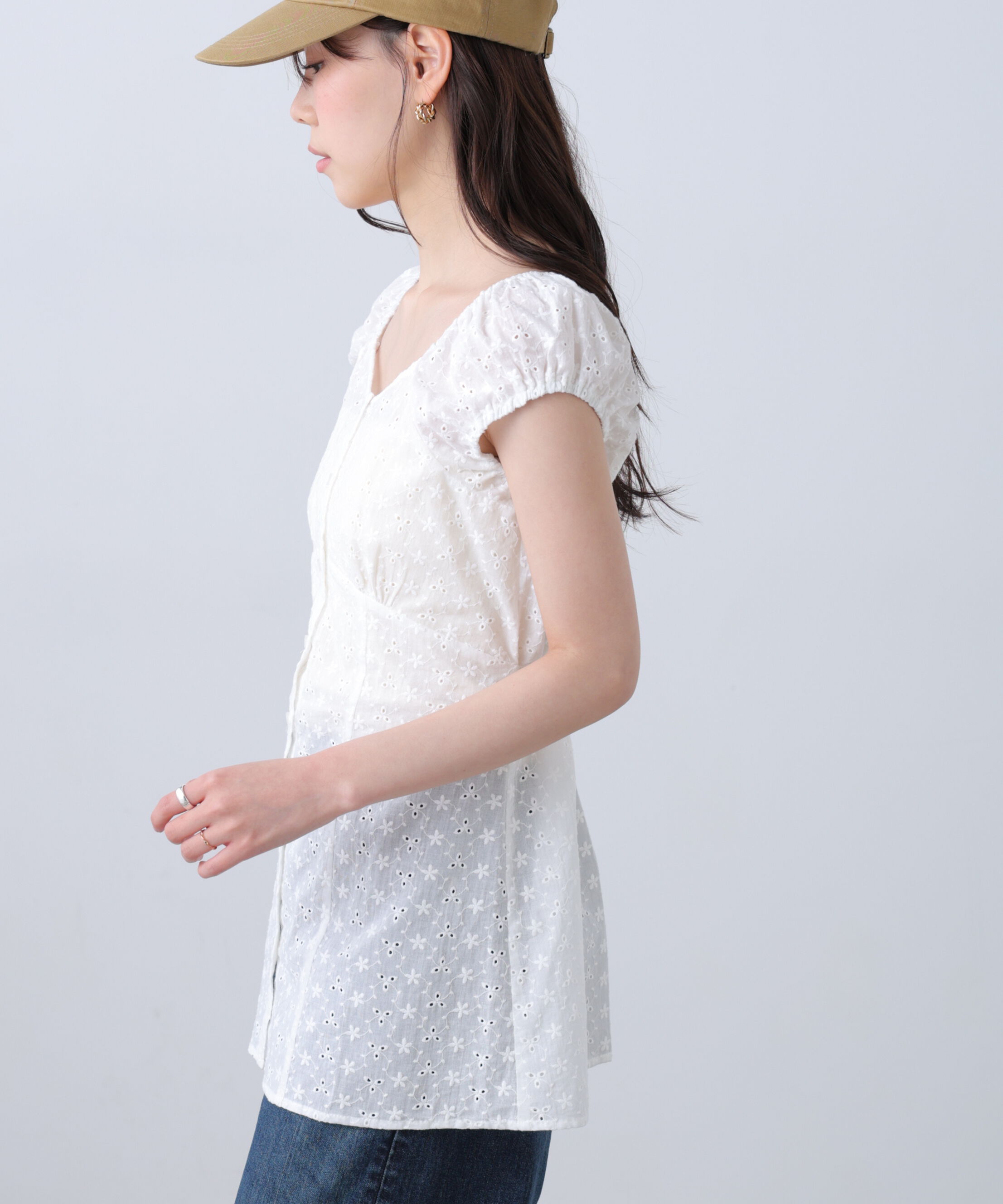  「バックリボン前開きパフスリーブレースチュニックブラウス」|Tシャツ・カットソー|
