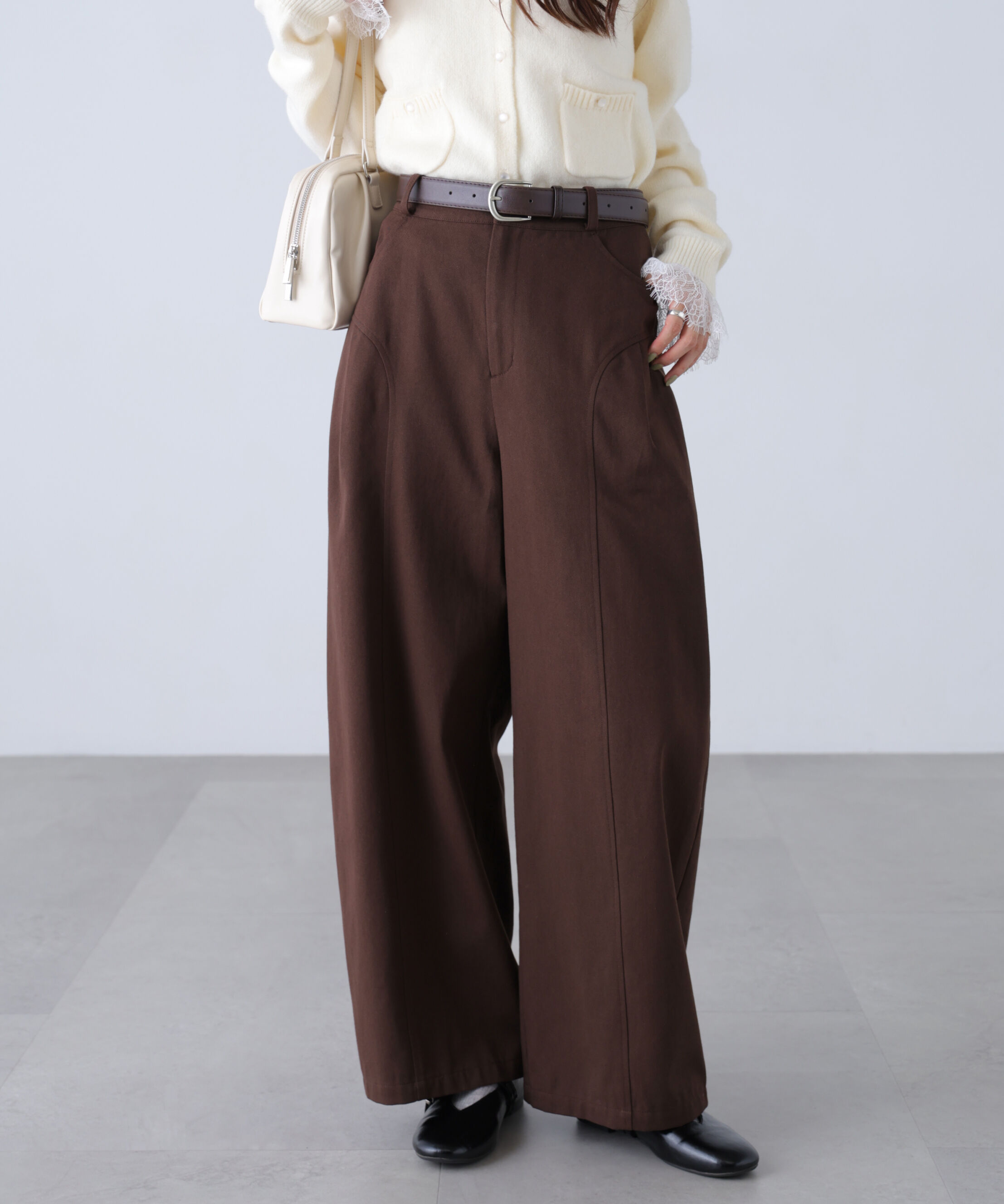  「ベルト付きワイドタックパンツ」|その他|ブラウン