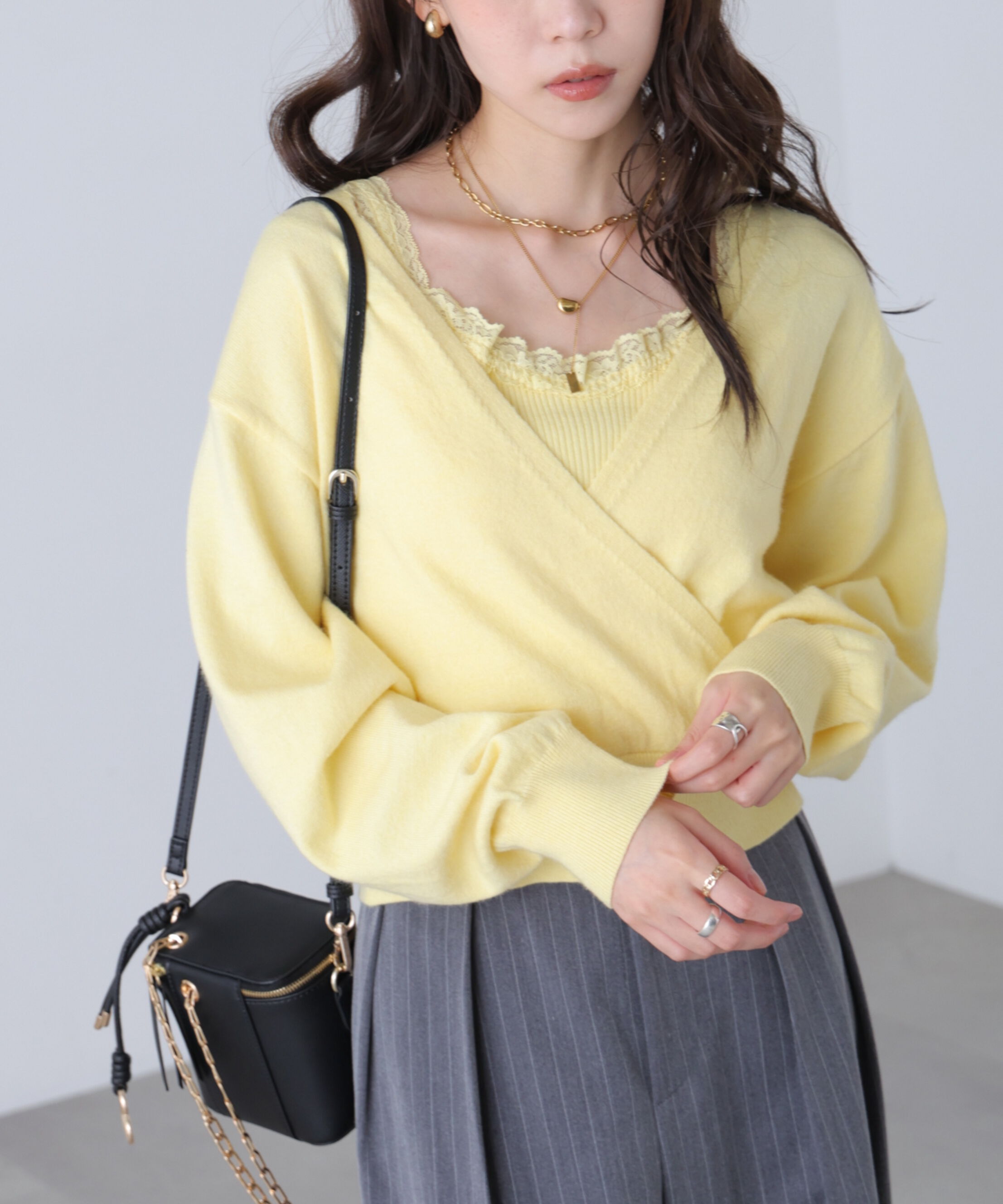  「レースドッキングカシュクールニット」|ニット・セーター|イエロー