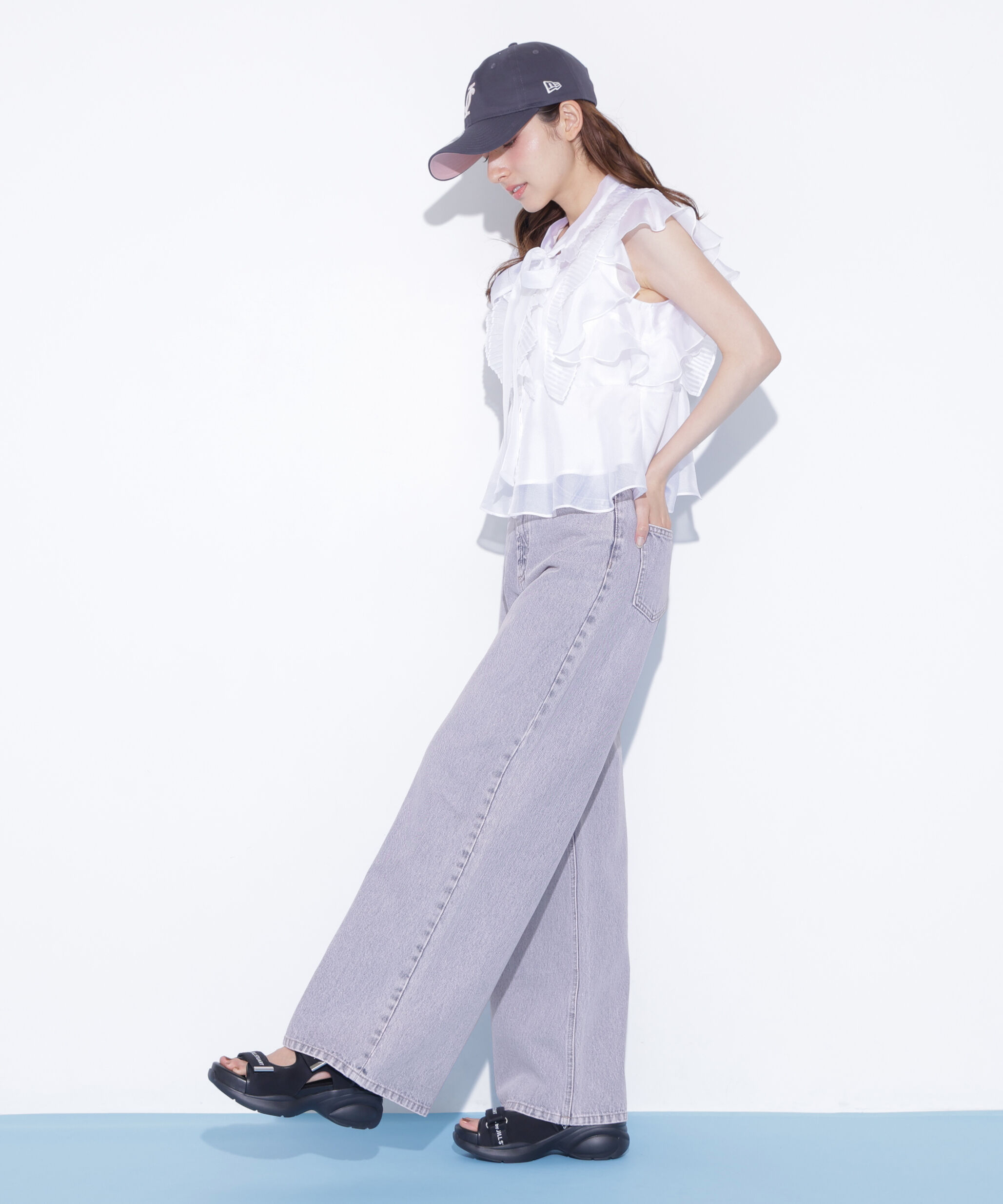  「ウエストフリルワイドデニムパンツ」|その他|