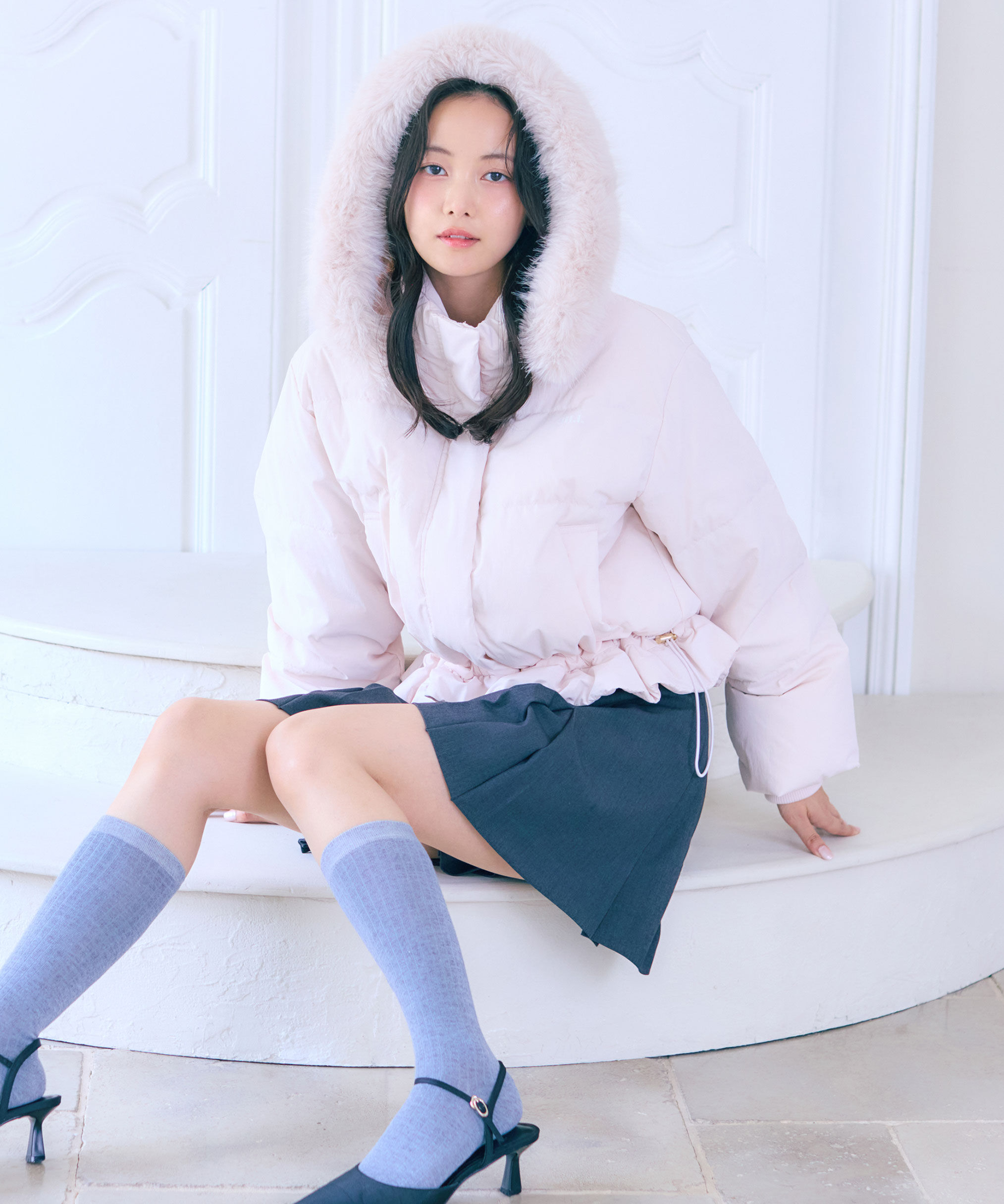  「フェイクファー付きペプラムショートダウン 26AW」|その他|ピンク