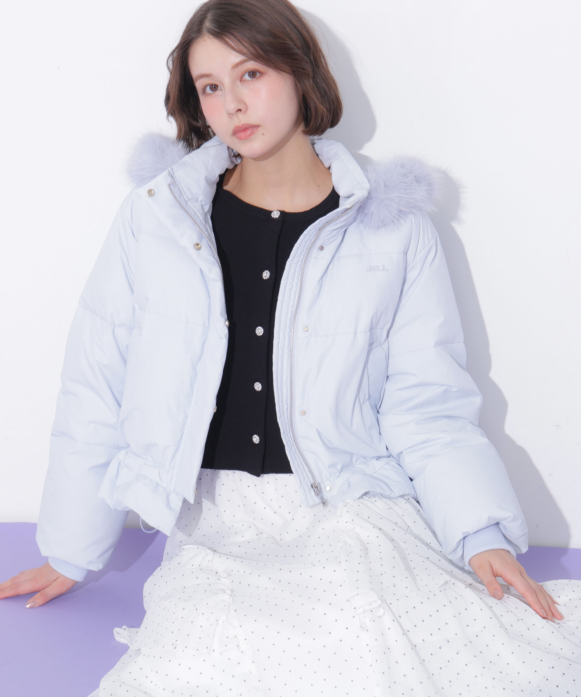  「フェイクファー付きペプラムショートダウン 26AW」|その他|ブルー