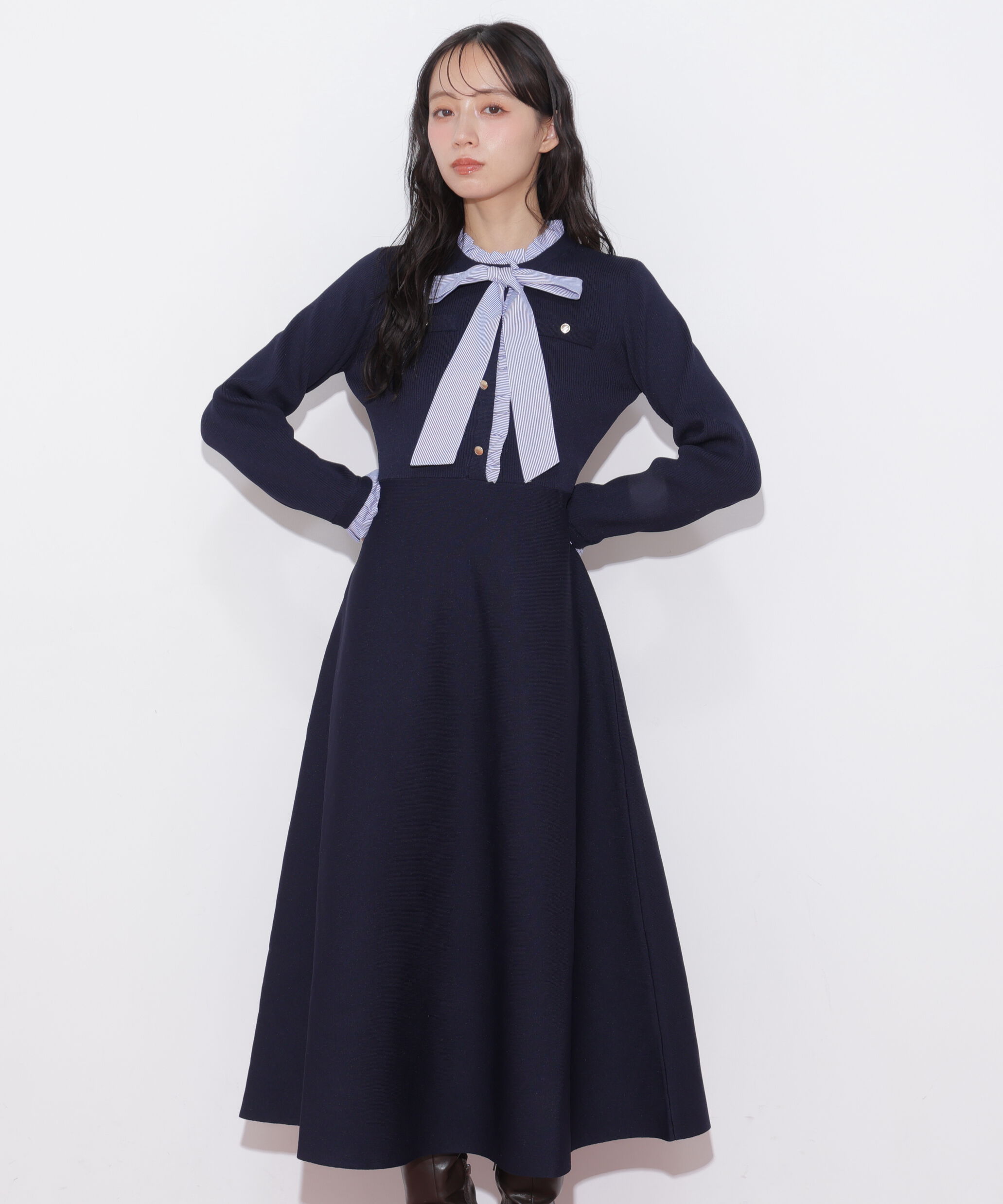  「フリルディテールニットワンピース」|ワンピース|ネイビー