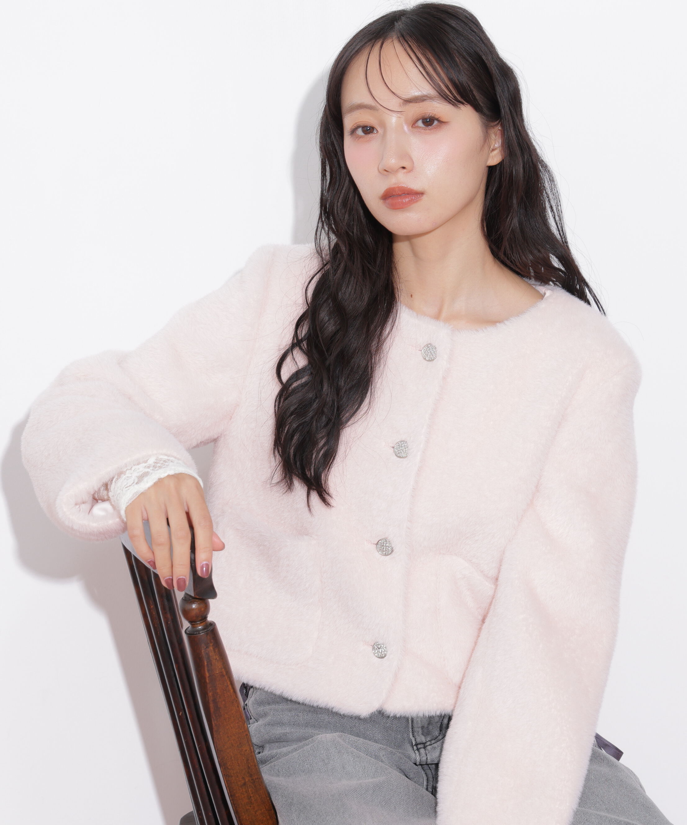  「フェイクファーノーカラージャケット 26AW」|その他|ピンク