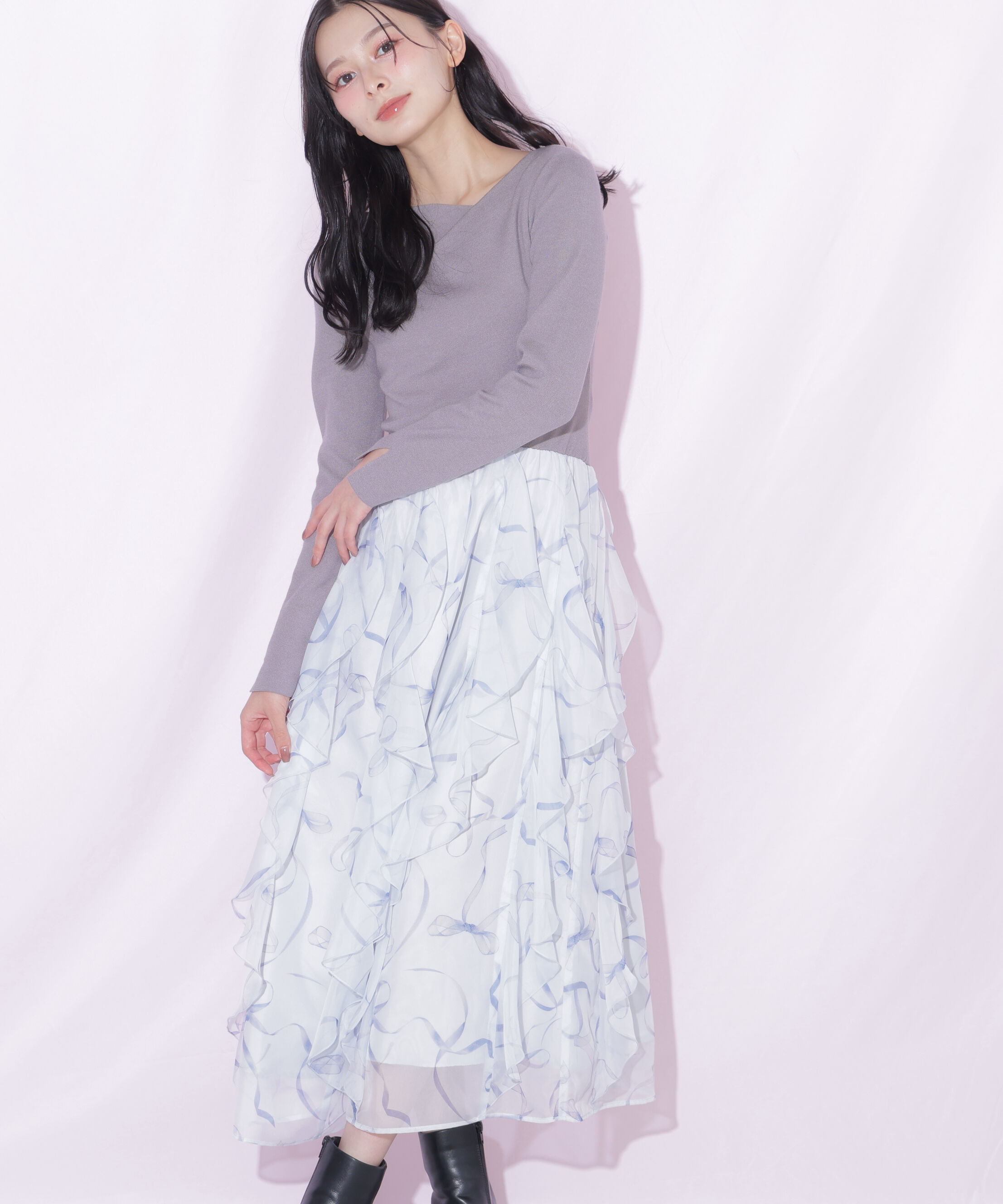  「リボンプリントニットドッキングワンピース」|ワンピース|