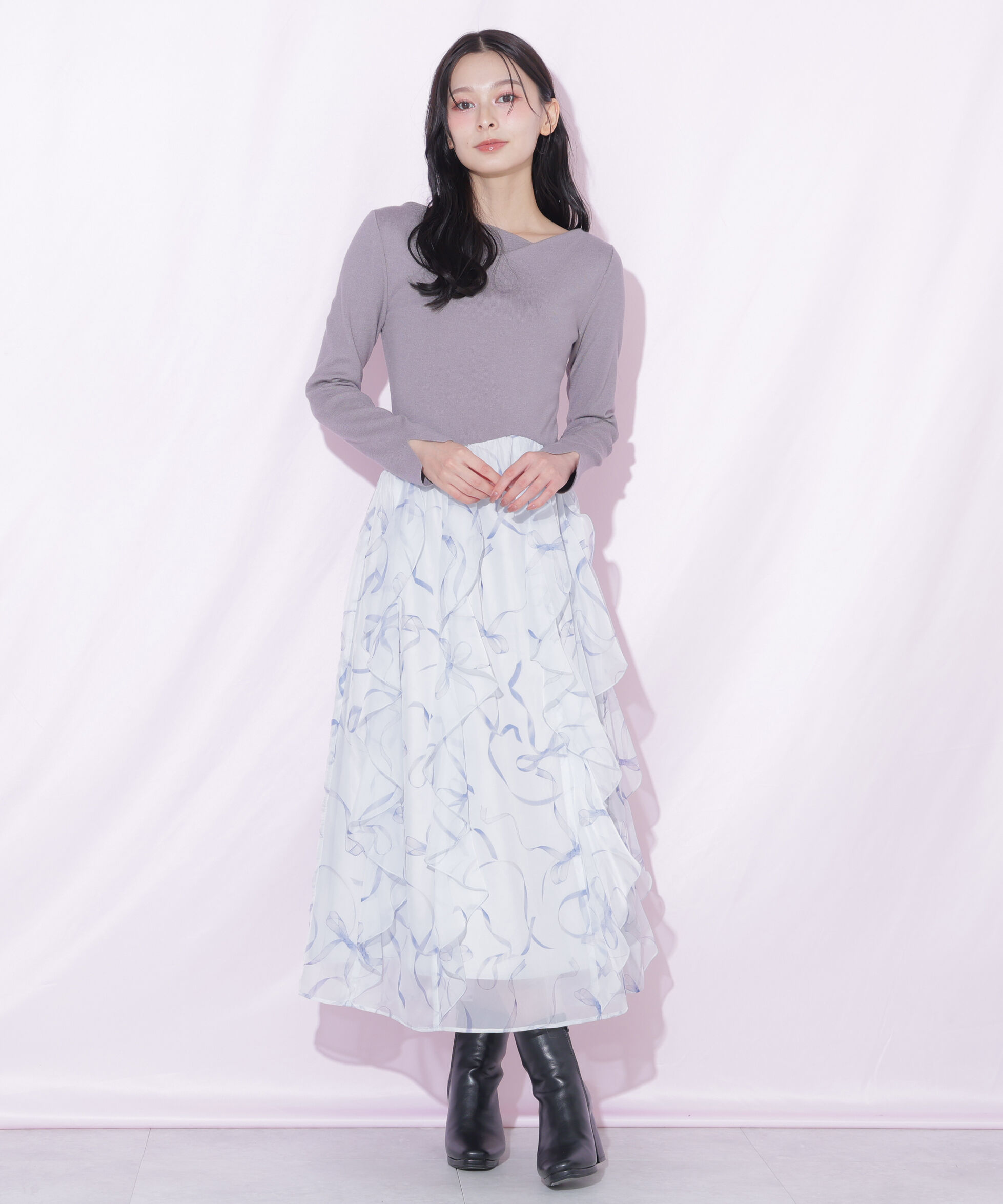  「リボンプリントニットドッキングワンピース」|ワンピース|