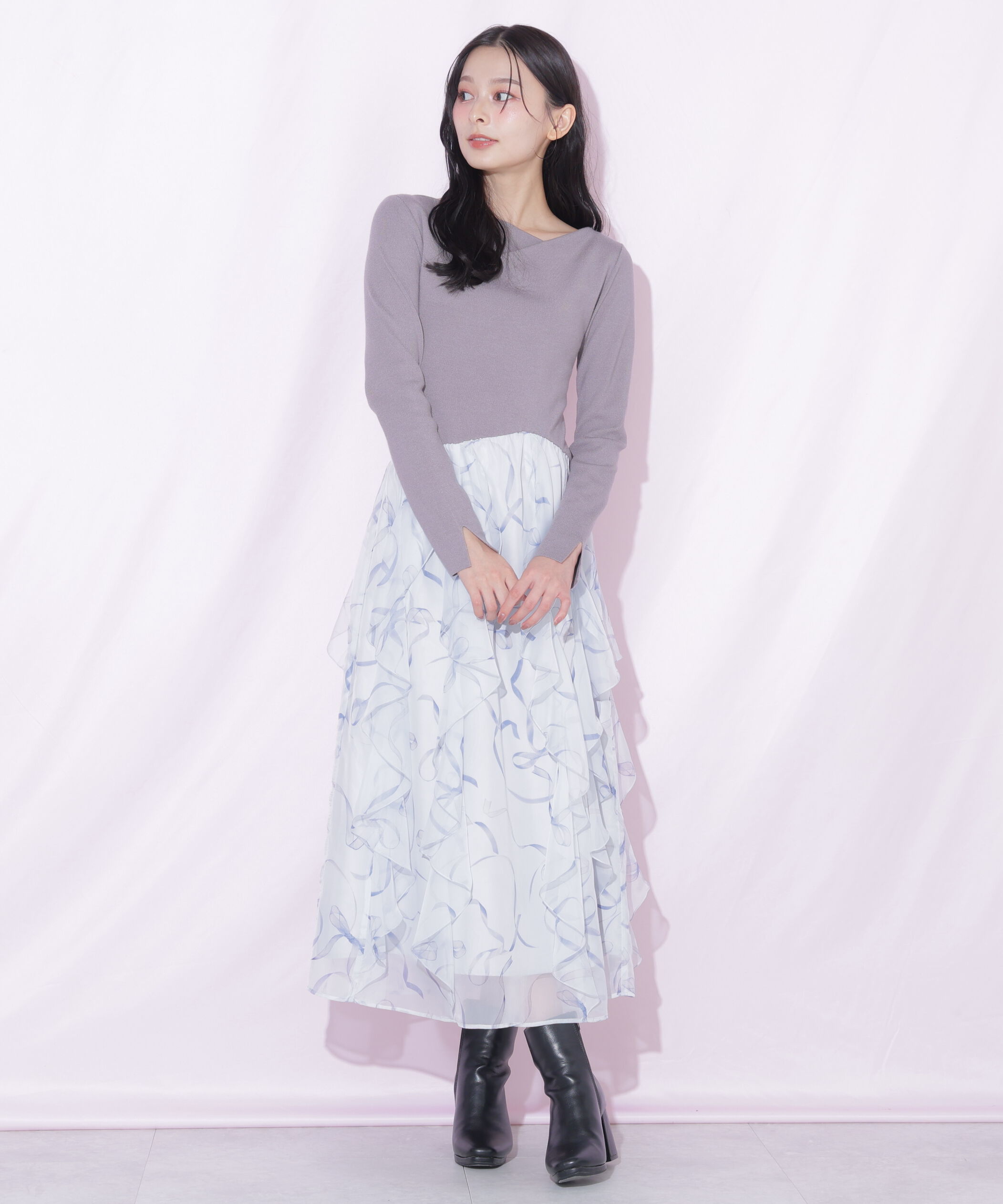  「リボンプリントニットドッキングワンピース」|ワンピース|