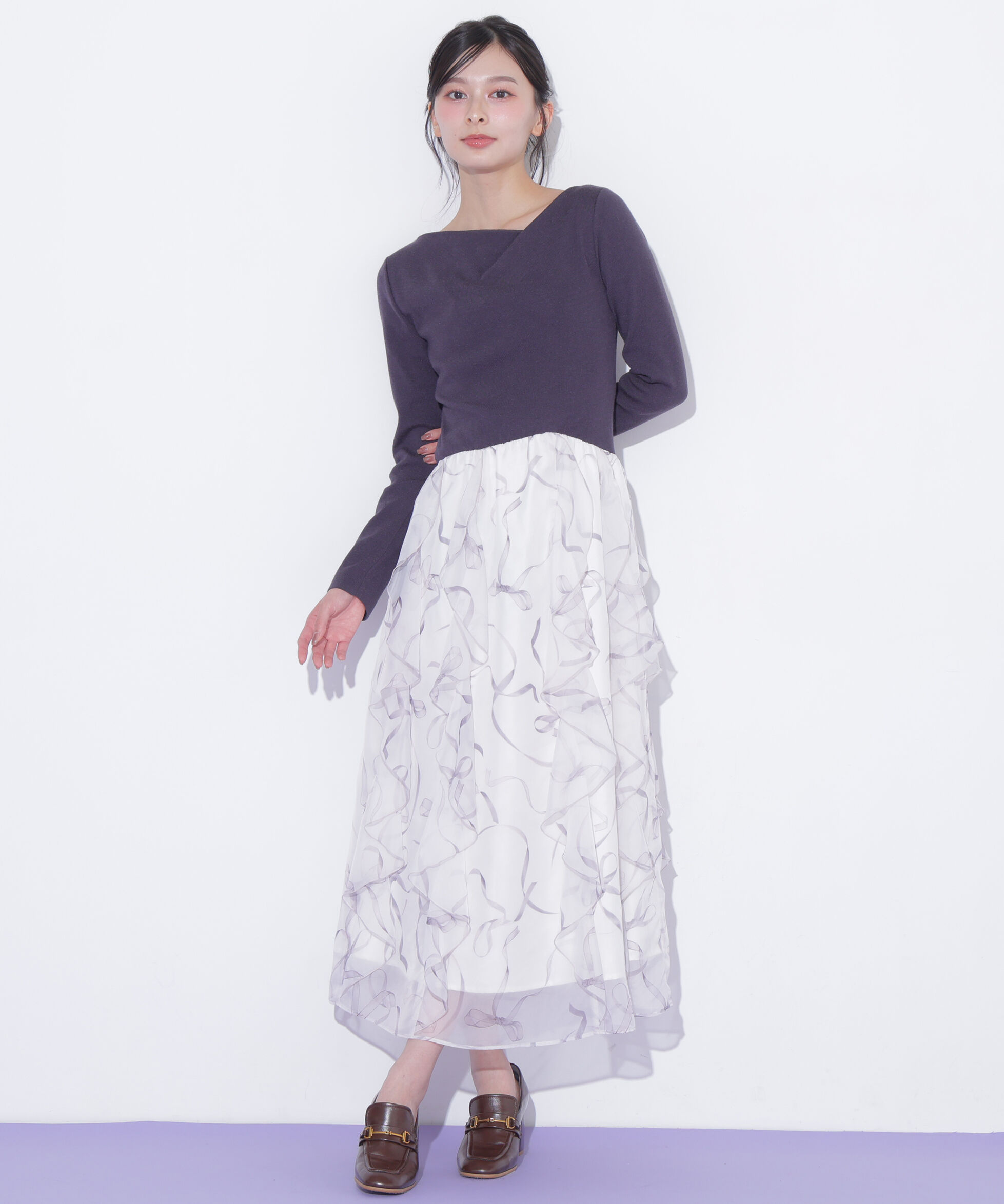  「リボンプリントニットドッキングワンピース」|ワンピース|